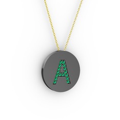 A Baş Harf Kolye - Yeşil kuvars 925 ayar siyah rodyum kaplama gümüş kolye (40 cm altın rolo zincir) #sr8yte