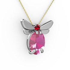 Pembe kuvars ve garnet 14 ayar beyaz altın kolye (40 cm gümüş rolo zincir)