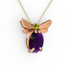 Ametist ve peridot 925 ayar rose altın kaplama gümüş kolye (40 cm gümüş rolo zincir)