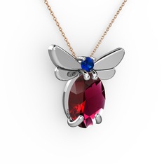 Rodolit garnet ve lab safir 18 ayar beyaz altın kolye (40 cm rose altın rolo zincir)