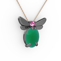 Elisa Kelebek Kolye - Kök zümrüt ve pembe kuvars 925 ayar siyah rodyum kaplama gümüş kolye (40 cm rose altın rolo zincir) #10il6oq
