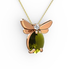 Peridot ve beyaz zirkon 14 ayar rose altın kolye (40 cm altın rolo zincir)