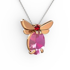 Pembe kuvars ve garnet 14 ayar rose altın kolye (40 cm beyaz altın rolo zincir)