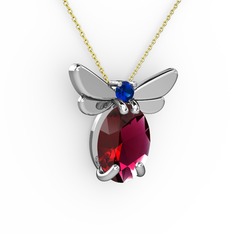 Rodolit garnet ve lab safir 925 ayar gümüş kolye (40 cm gümüş rolo zincir)