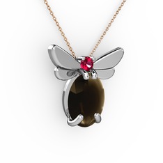 Dumanlı kuvars ve rodolit garnet 8 ayar beyaz altın kolye (40 cm rose altın rolo zincir)