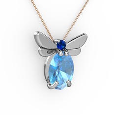Elisa Kelebek Kolye - Akuamarin ve lab safir 8 ayar beyaz altın kolye (40 cm rose altın rolo zincir) #12wlly6