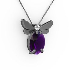 Elisa Kelebek Kolye - Ametist ve pırlanta 925 ayar siyah rodyum kaplama gümüş kolye (0.24 karat, 40 cm gümüş rolo zincir) #13fy9d1