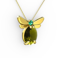 Peridot ve yeşil kuvars 14 ayar altın kolye (40 cm gümüş rolo zincir)