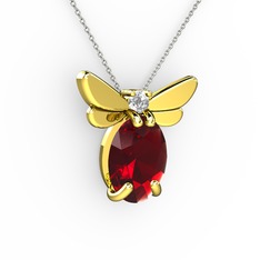 Elisa Kelebek Kolye - Garnet ve pırlanta 18 ayar altın kolye (0.24 karat, 40 cm gümüş rolo zincir) #14ansdg