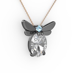 Elisa Kelebek Kolye - Beyaz zirkon ve akuamarin 925 ayar siyah rodyum kaplama gümüş kolye (40 cm rose altın rolo zincir) #162sxab
