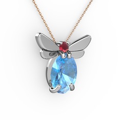 Akuamarin ve kök yakut 18 ayar beyaz altın kolye (40 cm rose altın rolo zincir)