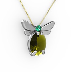 Peridot ve yeşil kuvars 14 ayar beyaz altın kolye (40 cm altın rolo zincir)