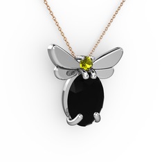 Elisa Kelebek Kolye - Siyah zirkon ve peridot 18 ayar beyaz altın kolye (40 cm rose altın rolo zincir) #17ao14z