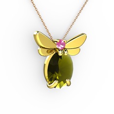 Peridot ve pembe kuvars 8 ayar altın kolye (40 cm rose altın rolo zincir)