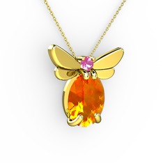 Elisa Kelebek Kolye - Sitrin ve pembe kuvars 14 ayar altın kolye (40 cm gümüş rolo zincir) #1anla42