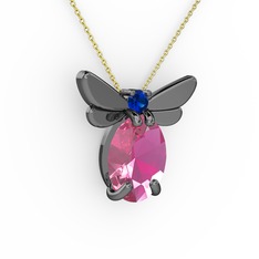 Elisa Kelebek Kolye - Pembe kuvars ve lab safir 925 ayar siyah rodyum kaplama gümüş kolye (40 cm altın rolo zincir) #1apagwb