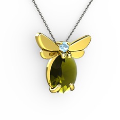 Peridot ve akuamarin 14 ayar altın kolye (40 cm gümüş rolo zincir)