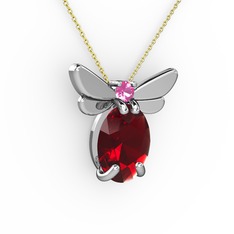 Elisa Kelebek Kolye - Garnet ve pembe kuvars 8 ayar beyaz altın kolye (40 cm altın rolo zincir) #1axgytz