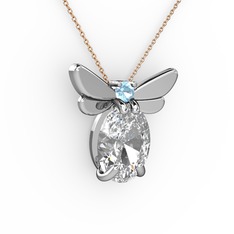 Elisa Kelebek Kolye - Swarovski ve akuamarin 14 ayar beyaz altın kolye (40 cm rose altın rolo zincir) #1bgrcrs