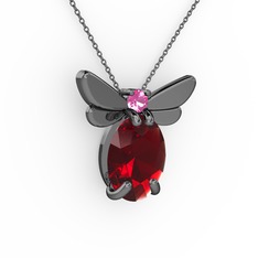Elisa Kelebek Kolye - Garnet ve pembe kuvars 925 ayar siyah rodyum kaplama gümüş kolye (40 cm gümüş rolo zincir) #1bgyg9w
