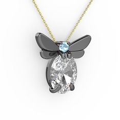 Elisa Kelebek Kolye - Beyaz zirkon ve akuamarin 925 ayar siyah rodyum kaplama gümüş kolye (40 cm altın rolo zincir) #1cpojug