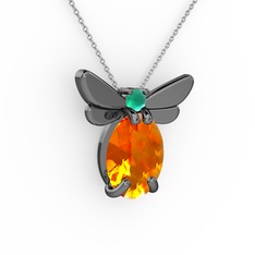 Elisa Kelebek Kolye - Sitrin ve kök zümrüt 925 ayar siyah rodyum kaplama gümüş kolye (40 cm gümüş rolo zincir) #1ddd9z7