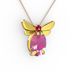 Pembe kuvars ve rodolit garnet 925 ayar altın kaplama gümüş kolye (40 cm gümüş rolo zincir)