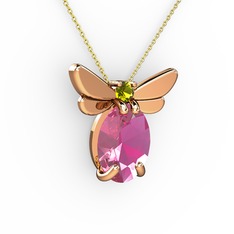 Pembe kuvars ve peridot 925 ayar rose altın kaplama gümüş kolye (40 cm altın rolo zincir)