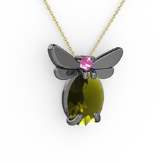 Elisa Kelebek Kolye - Peridot ve pembe kuvars 925 ayar siyah rodyum kaplama gümüş kolye (40 cm altın rolo zincir) #1f40ph0