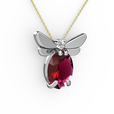 Rodolit garnet ve beyaz zirkon 8 ayar beyaz altın kolye (40 cm gümüş rolo zincir)