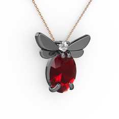 Elisa Kelebek Kolye - Garnet ve pırlanta 925 ayar siyah rodyum kaplama gümüş kolye (0.24 karat, 40 cm rose altın rolo zincir) #1ik413v