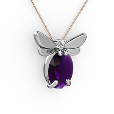 Ametist ve swarovski 8 ayar beyaz altın kolye (40 cm gümüş rolo zincir)