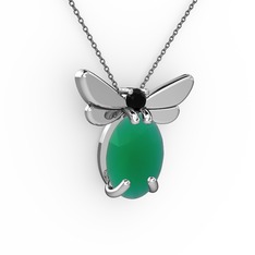 Kök zümrüt ve siyah zirkon 18 ayar beyaz altın kolye (40 cm gümüş rolo zincir)