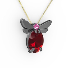 Elisa Kelebek Kolye - Garnet ve pembe kuvars 925 ayar siyah rodyum kaplama gümüş kolye (40 cm gümüş rolo zincir) #1kjvh1d