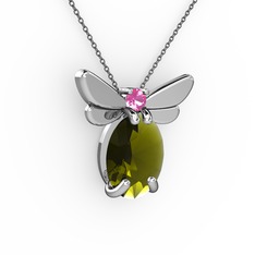 Elisa Kelebek Kolye - Peridot ve pembe kuvars 925 ayar gümüş kolye (40 cm gümüş rolo zincir) #1lbms3s