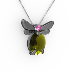 Elisa Kelebek Kolye - Peridot ve pembe kuvars 925 ayar siyah rodyum kaplama gümüş kolye (40 cm beyaz altın rolo zincir) #1lhmvz6