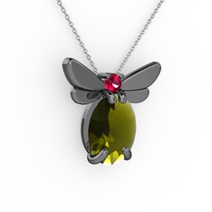 Elisa Kelebek Kolye - Peridot ve rodolit garnet 925 ayar siyah rodyum kaplama gümüş kolye (40 cm beyaz altın rolo zincir) #1lik8ls