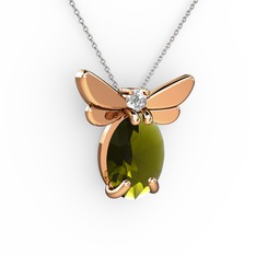 Elisa Kelebek Kolye - Peridot ve pırlanta 925 ayar rose altın kaplama gümüş kolye (0.24 karat, 40 cm beyaz altın rolo zincir) #1mo3zbf