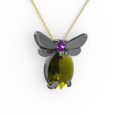 Peridot ve ametist 925 ayar siyah rodyum kaplama gümüş kolye (40 cm altın rolo zincir)