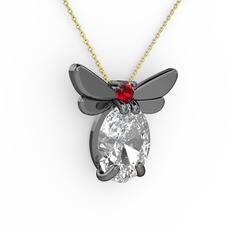 Beyaz zirkon ve garnet 925 ayar siyah rodyum kaplama gümüş kolye (40 cm altın rolo zincir)