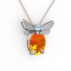 Elisa Kelebek Kolye - Sitrin ve akuamarin 8 ayar beyaz altın kolye (40 cm rose altın rolo zincir) #1pbjbsb