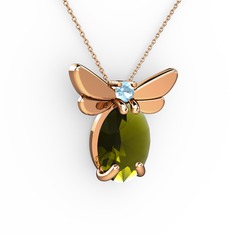 Peridot ve akuamarin 8 ayar rose altın kolye (40 cm rose altın rolo zincir)