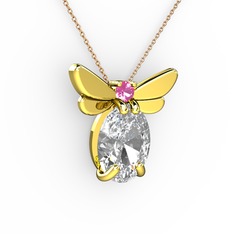 Elisa Kelebek Kolye - Swarovski ve pembe kuvars 8 ayar altın kolye (40 cm rose altın rolo zincir) #1qbxc74