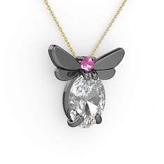 Swarovski ve pembe kuvars 925 ayar siyah rodyum kaplama gümüş kolye (40 cm gümüş rolo zincir)