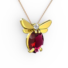 Rodolit garnet ve pırlanta 14 ayar altın kolye (0.24 karat, 40 cm rose altın rolo zincir)