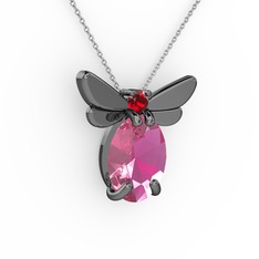 Elisa Kelebek Kolye - Pembe kuvars ve garnet 925 ayar siyah rodyum kaplama gümüş kolye (40 cm beyaz altın rolo zincir) #1s0ttrr