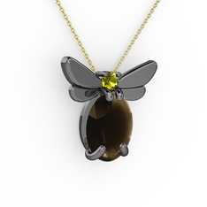 Dumanlı kuvars ve peridot 925 ayar siyah rodyum kaplama gümüş kolye (40 cm altın rolo zincir)