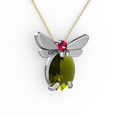 Elisa Kelebek Kolye - Peridot ve rodolit garnet 14 ayar beyaz altın kolye (40 cm altın rolo zincir) #1sdzbru