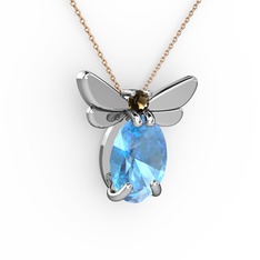Elisa Kelebek Kolye - Akuamarin ve dumanlı kuvars 18 ayar beyaz altın kolye (40 cm rose altın rolo zincir) #1sjd9fs