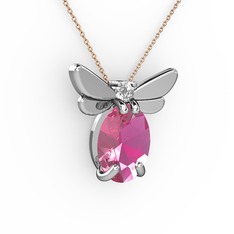 Pembe kuvars ve pırlanta 14 ayar beyaz altın kolye (0.24 karat, 40 cm rose altın rolo zincir)